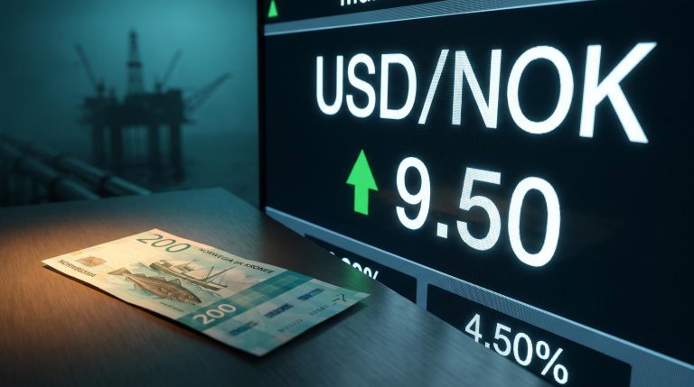 Norwegian krone banknote beside a USD/NOK trading screen showing 9.50 after Norges Bank hikes to 4.50%