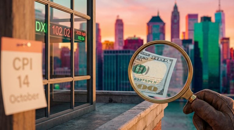Magnifying lens over a US banknote against a sunrise skyline, DXY 102.02, framing the USD outlook before CPI