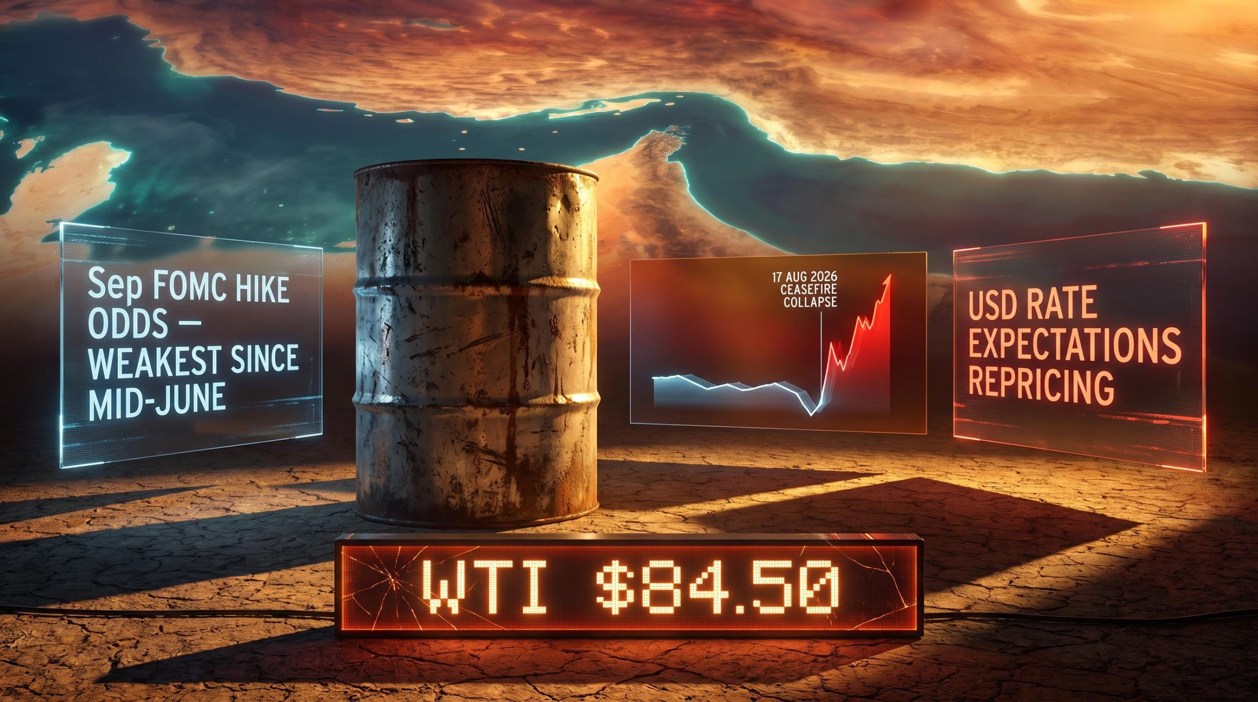 WTI $84.50 oil shock collides with USD rate expectations as Strait of Hormuz ceasefire collapses 17 Aug 2026
