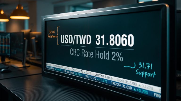 USD/TWD rate on FX terminal showing 31.806 as CBC holds rates at 2% amid 11.48% growth forecast