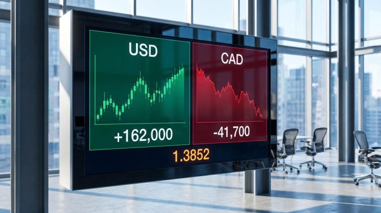USD/CAD analysis screen showing +162,000 US jobs vs –41,700 Canadian jobs driving rate to 1.3852