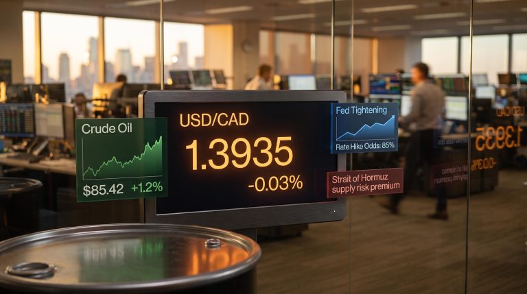 USD/CAD quoted at 1.3935 on FX terminal with oil, Fed rate, and geopolitical data overlays on trading floor