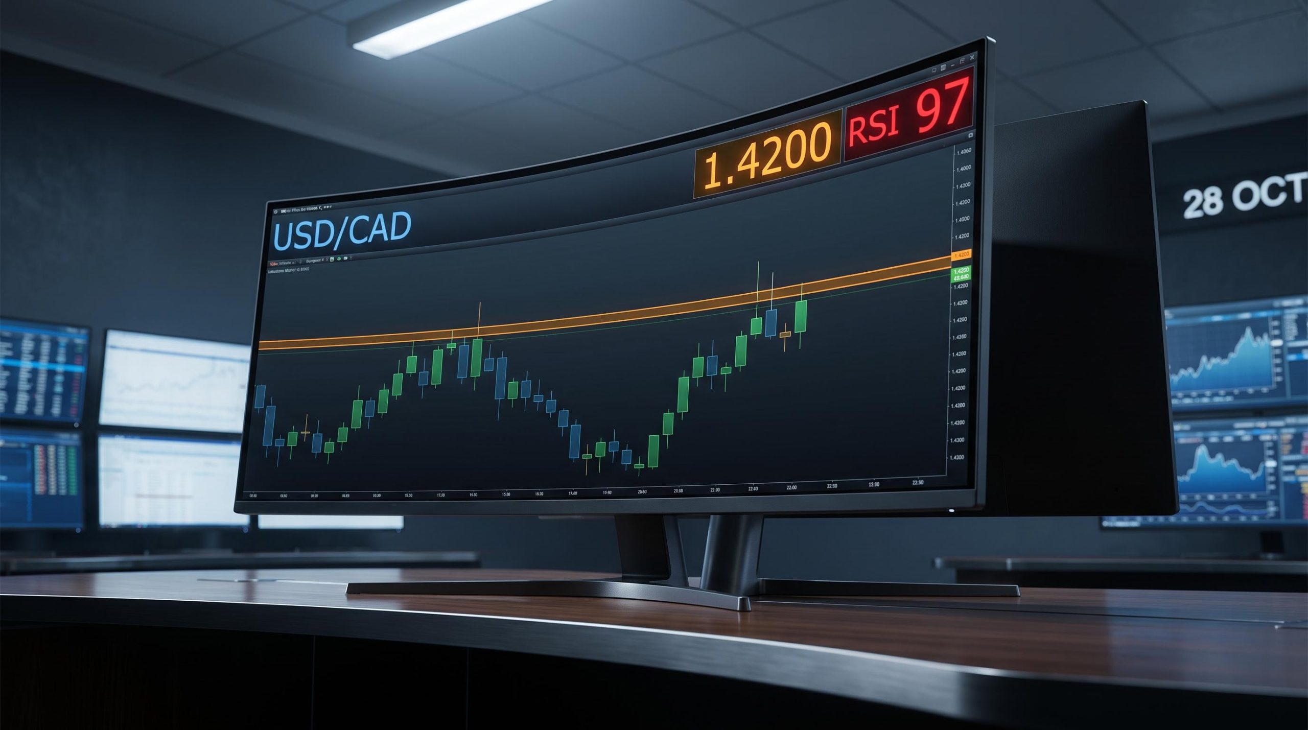 USD/CAD at 1.4200 resistance on FX terminal with RSI 97 overbought signal ahead of 28 Oct dual rate decisions