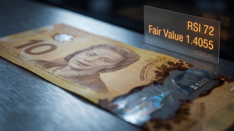Canadian dollar banknote under analytical light with USD/CAD fair value 1.4055 and RSI 72 on terminal screen