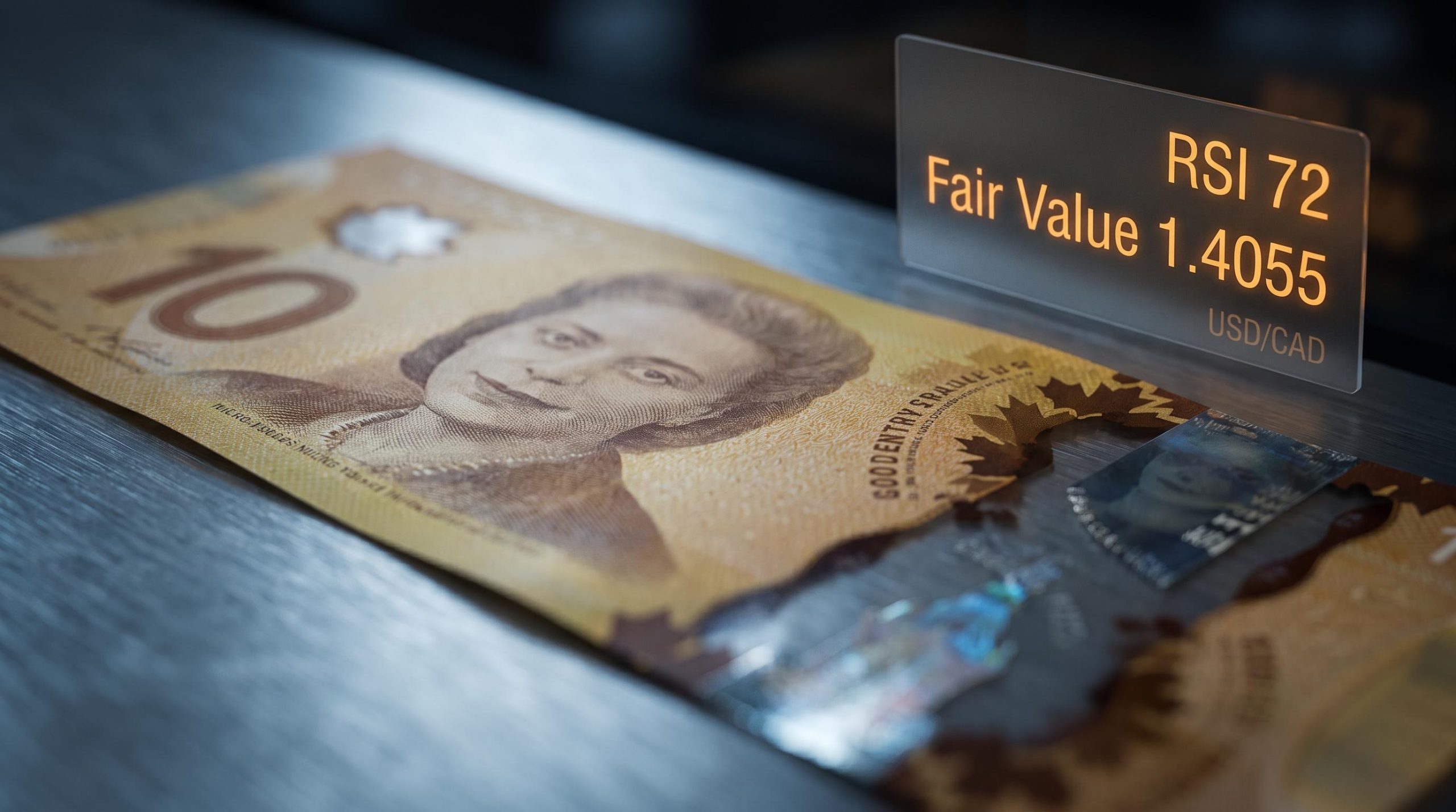 Canadian dollar banknote under analytical light with USD/CAD fair value 1.4055 and RSI 72 on terminal screen