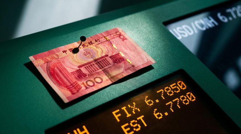 Chinese renminbi note against a terminal showing PBoC fix data as USD/CNH consolidates near 6.72