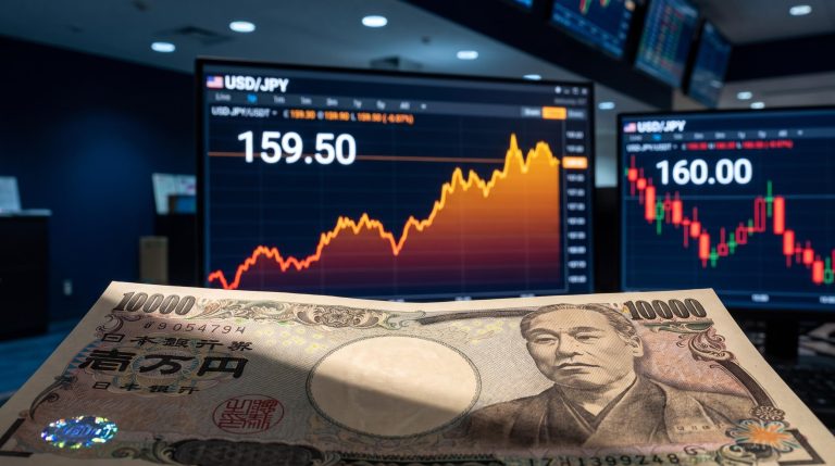 Japanese yen banknote in sharp focus as USD/JPY climbs toward 160.00 intervention level