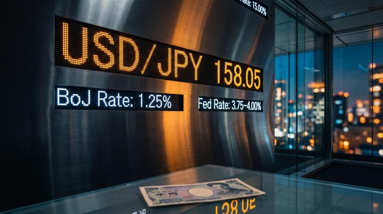 USD/JPY rate board showing 158.05 amid BoJ rate hike and 250bp US-Japan differential in forex analysis