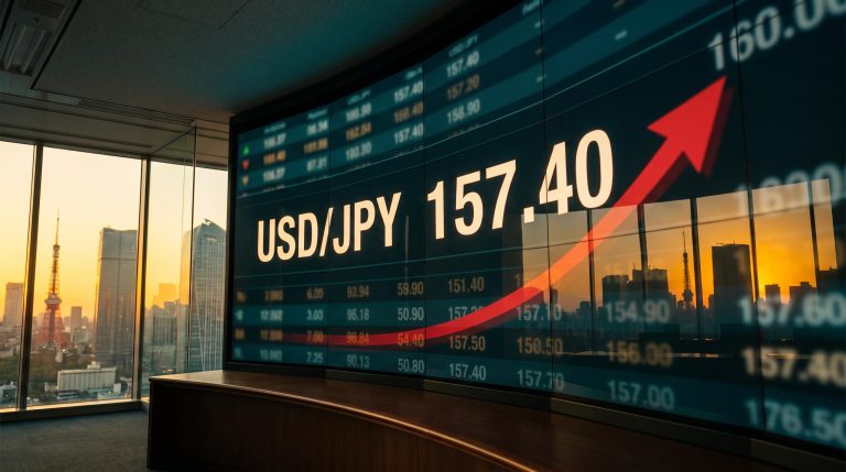 USD/JPY rate at 157.40 on Tokyo trading terminal with 160.0 intervention threshold implied at frame edge