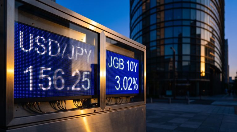 USD/JPY at 156.25 with JGB 10Y yield at 3.02% on Tokyo financial district ticker board