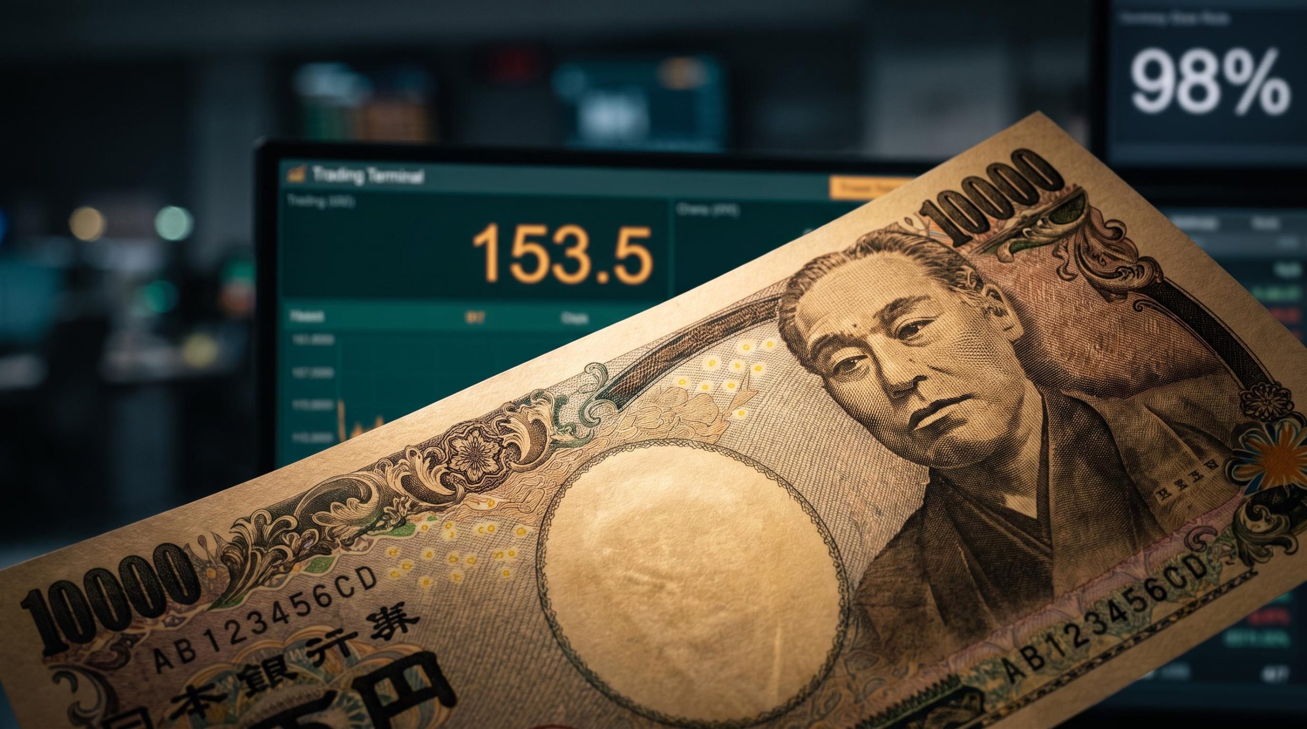 Japanese yen note in sharp focus with USD/JPY level 153.5 glowing on a trading screen amid BoJ hike repricing