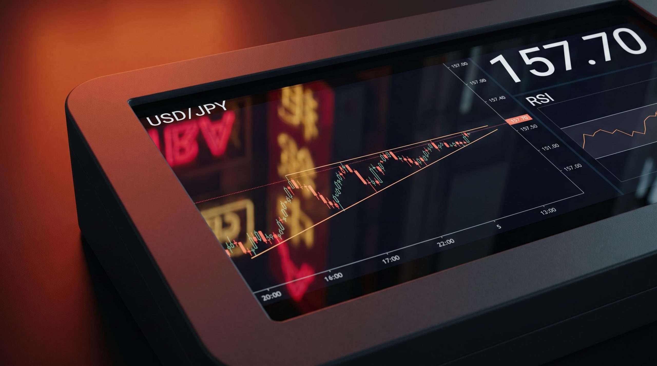 USD/JPY chart at 157.70 compressed beneath channel resistance on a Tokyo trading terminal glowing in amber-red light