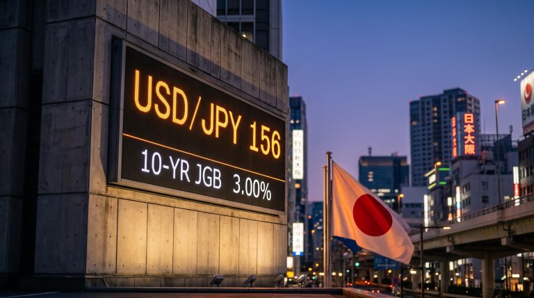 Tokyo financial district billboard showing USD/JPY 156 and 10-year JGB yield as yen carry trade pressure mounts