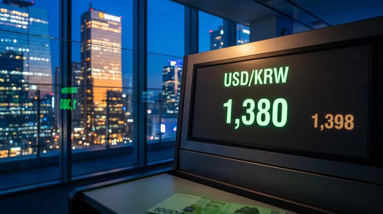 USD/KRW rate at 1,380 on Seoul trading terminal with 1,398 resistance level — BoK and Fed policy analysis