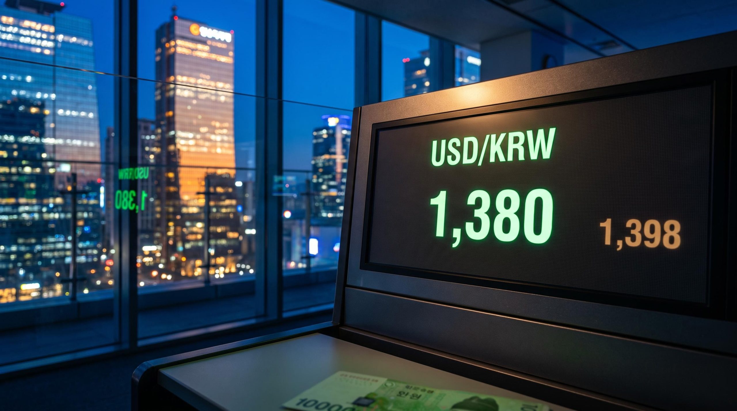 USD/KRW rate at 1,380 on Seoul trading terminal with 1,398 resistance level — BoK and Fed policy analysis