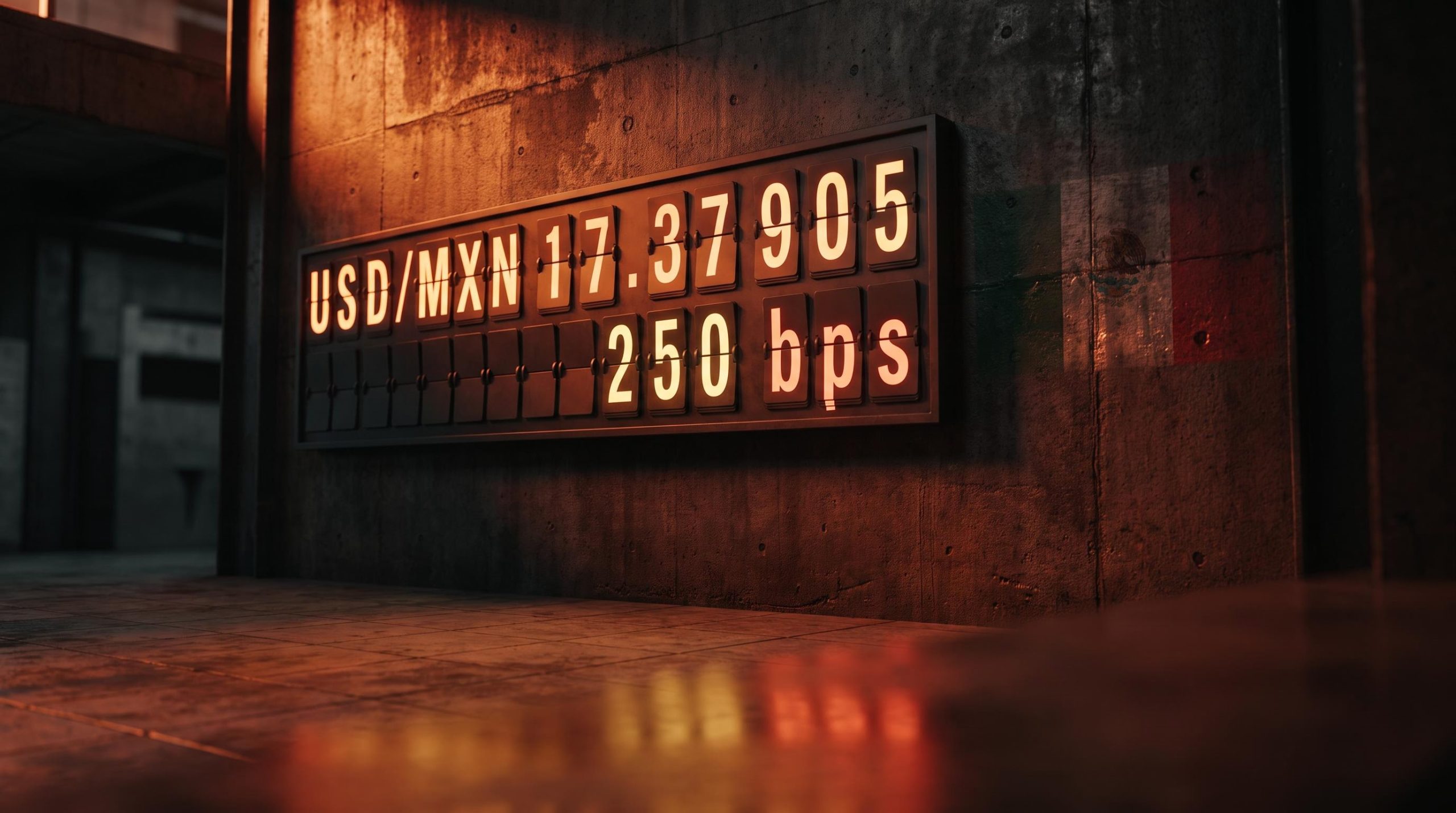 USD/MXN exchange board showing 17.37905 with 250 bps carry spread — peso carry trade unwind analysis