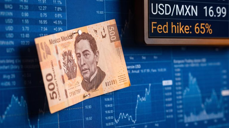 Mexican Peso banknote against USD/MXN 16.99 trading screen with 65% Fed hike probability displayed
