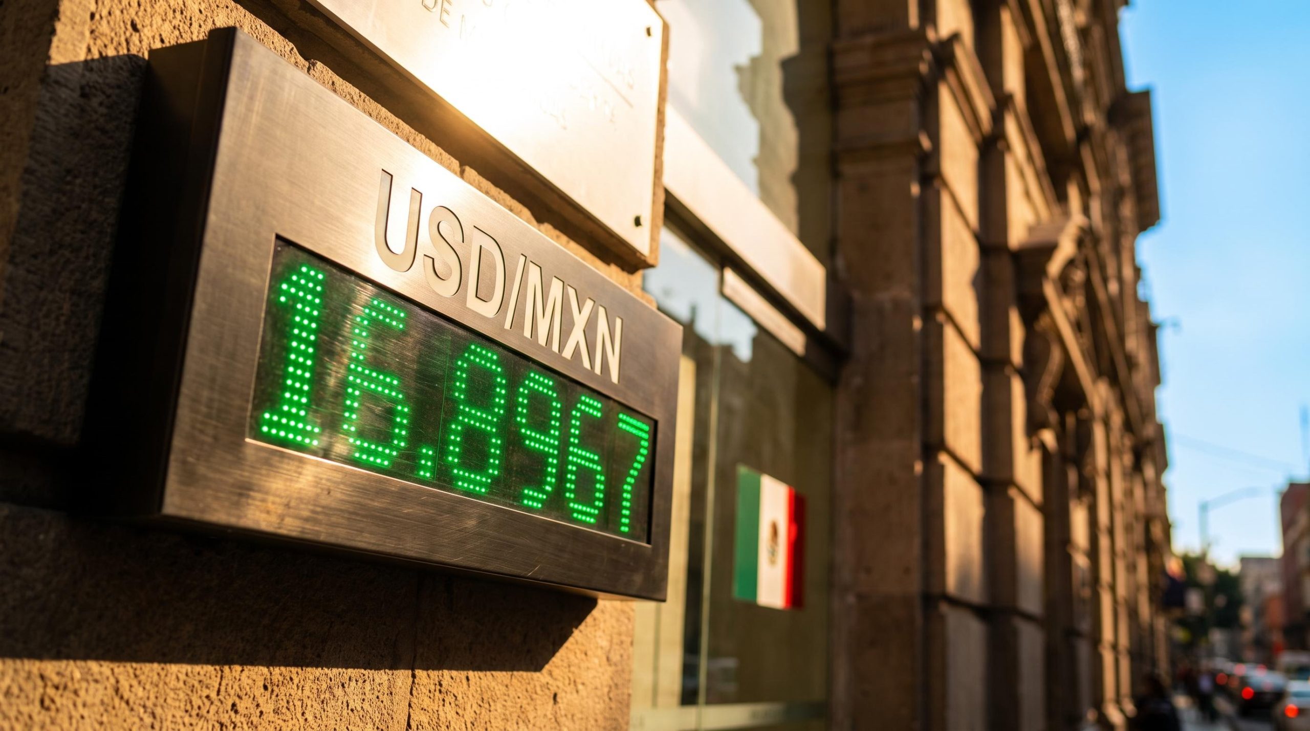USD/MXN rate board showing 16.8967 as peso breaks below 17.00 in September 2026 trade talks
