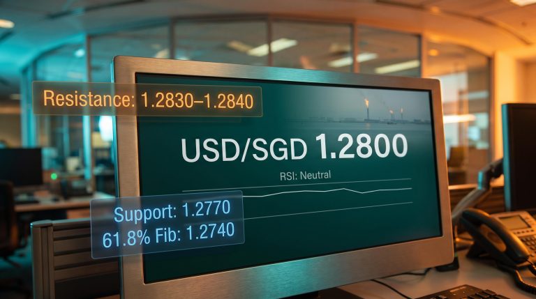 USD/SGD rate locked at 1.28 on trading terminal with Fibonacci resistance and support levels overlaid amid geopolitical tension