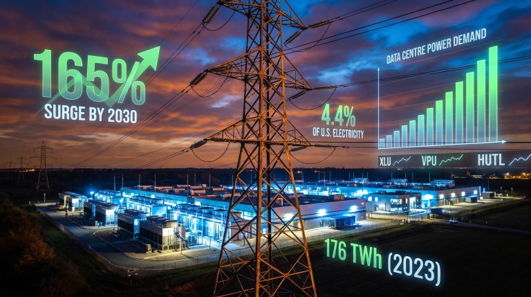 Transmission tower powering AI data centre with 165% demand surge and utility ETF tickers overlaid