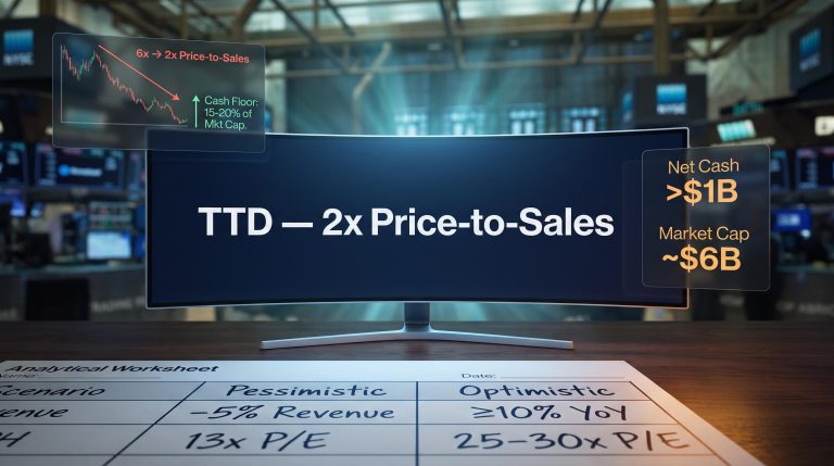 Trading monitor showing TTD valuation data at 2x price-to-sales with scenario analysis overlays for fallen growth stocks