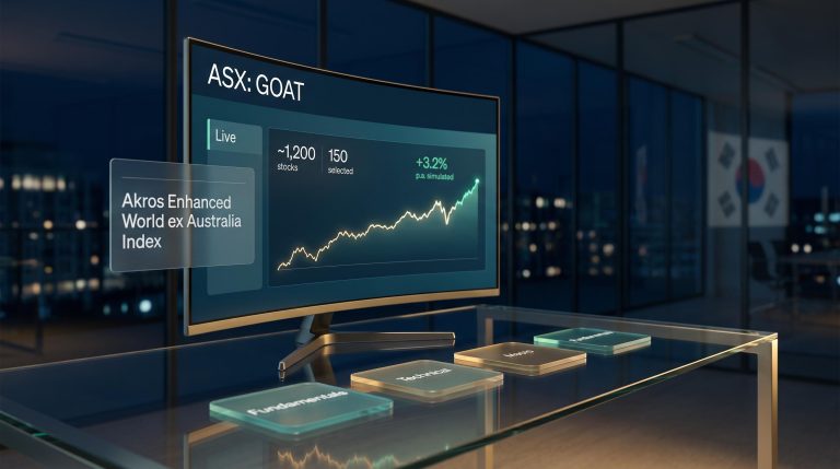 VanEck GOAT ETF ASX screen showing Akros AI index with 3.2% simulated outperformance and 150-stock portfolio