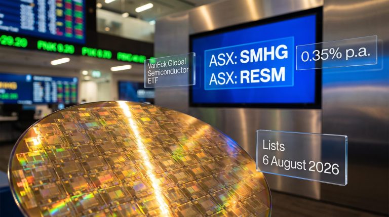 ASX listing screen showing SMHG semiconductor ETF launching 6 August 2026 with silicon wafer foreground