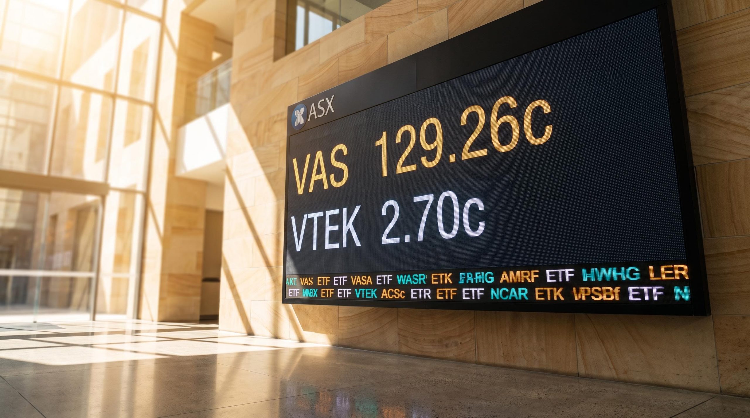 ASX trading board showing VAS 129.26c and VTEK 2.70c in Vanguard ETF distributions October 2026 round