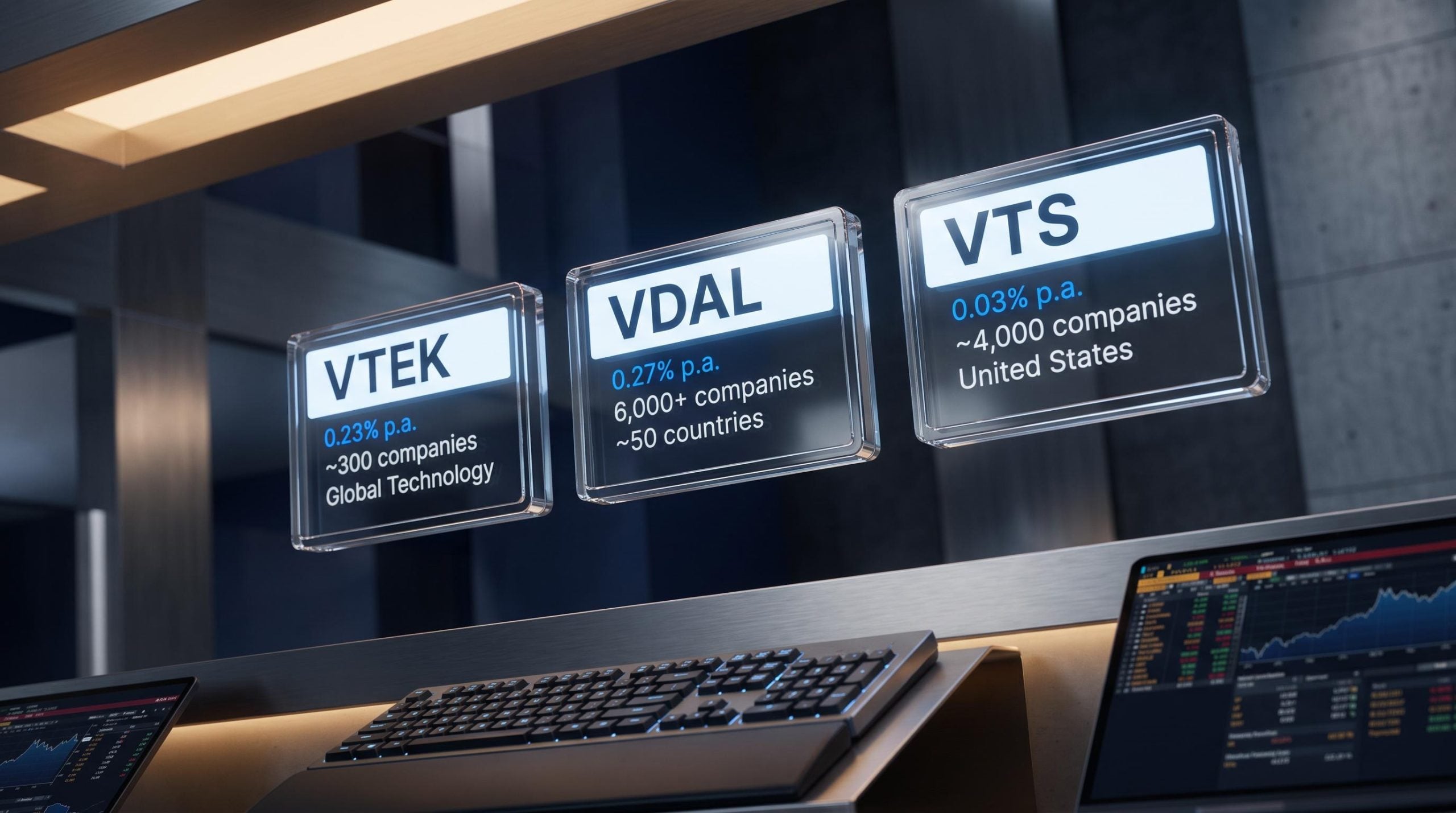 VTEK, VDAL, and VTS Vanguard ETFs ASX comparison panels showing fees and holdings in trading environment