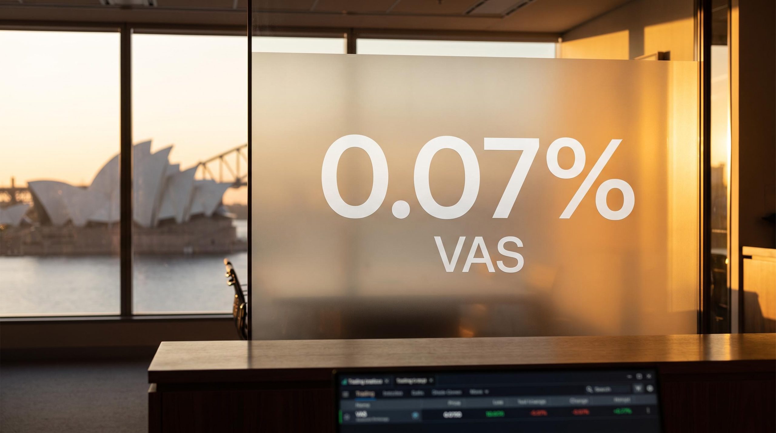 VAS ETF 0.07% fee etched on frosted glass with Sydney Harbour skyline — single-trade Australian market access
