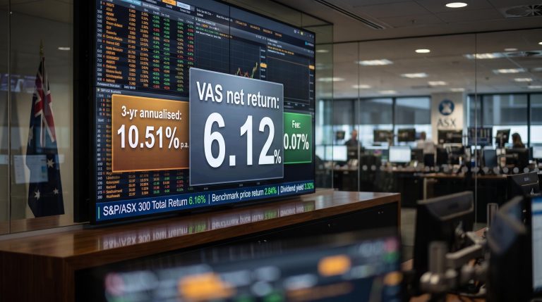 VAS ETF FY26 net return of 6.12% displayed on trading screen with 3-year annualised 10.51% and 0.07% fee panels