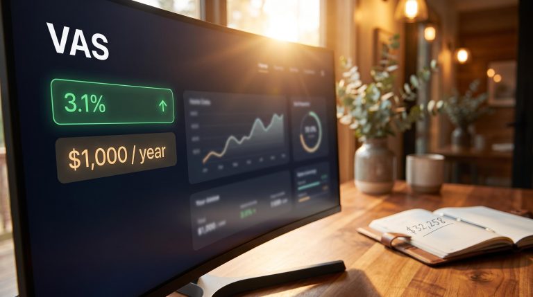 VAS ETF dashboard showing 3.1% yield and $1,000 annual passive income target on a warm home-study monitor