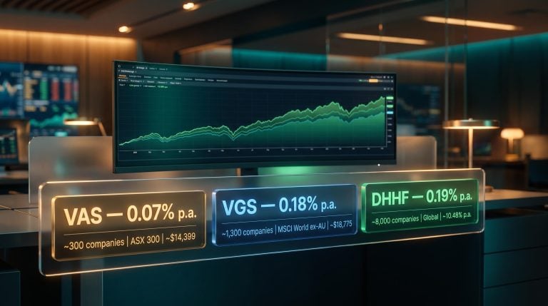 VAS, VGS and DHHF ETF data panels showing fees from 0.07% to 0.19% on a trading screen