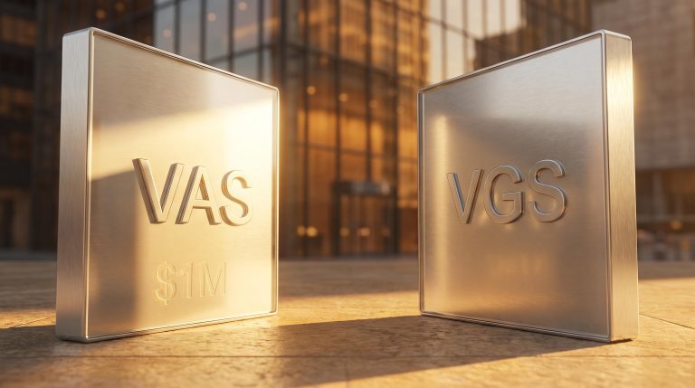 VAS and VGS ETF tiles as luminous monoliths with $1M milestone — part-time income portfolio blueprint