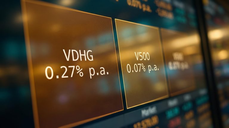 ASX trading terminal showing VDHG at 0.27% and V500 at 0.07% fees side by side — VDHG vs V500 guide