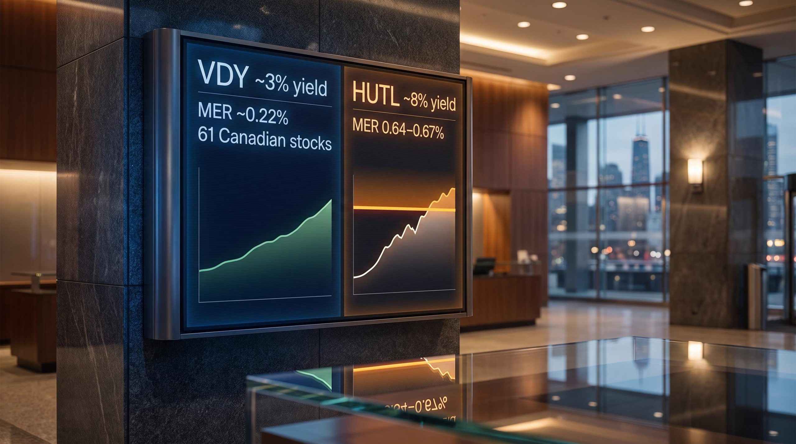Dual market display comparing VDY 3% yield vs HUTL 8% yield with covered-call ceiling in Toronto financial interior