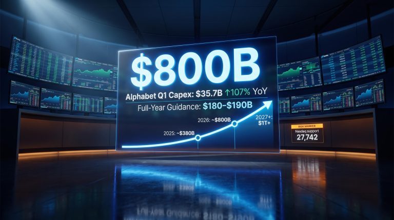 AI capex super-cycle data panel showing $800B sector-wide spend and Alphabet's $180–$190B 2026 guidance ahead of big tech earnings