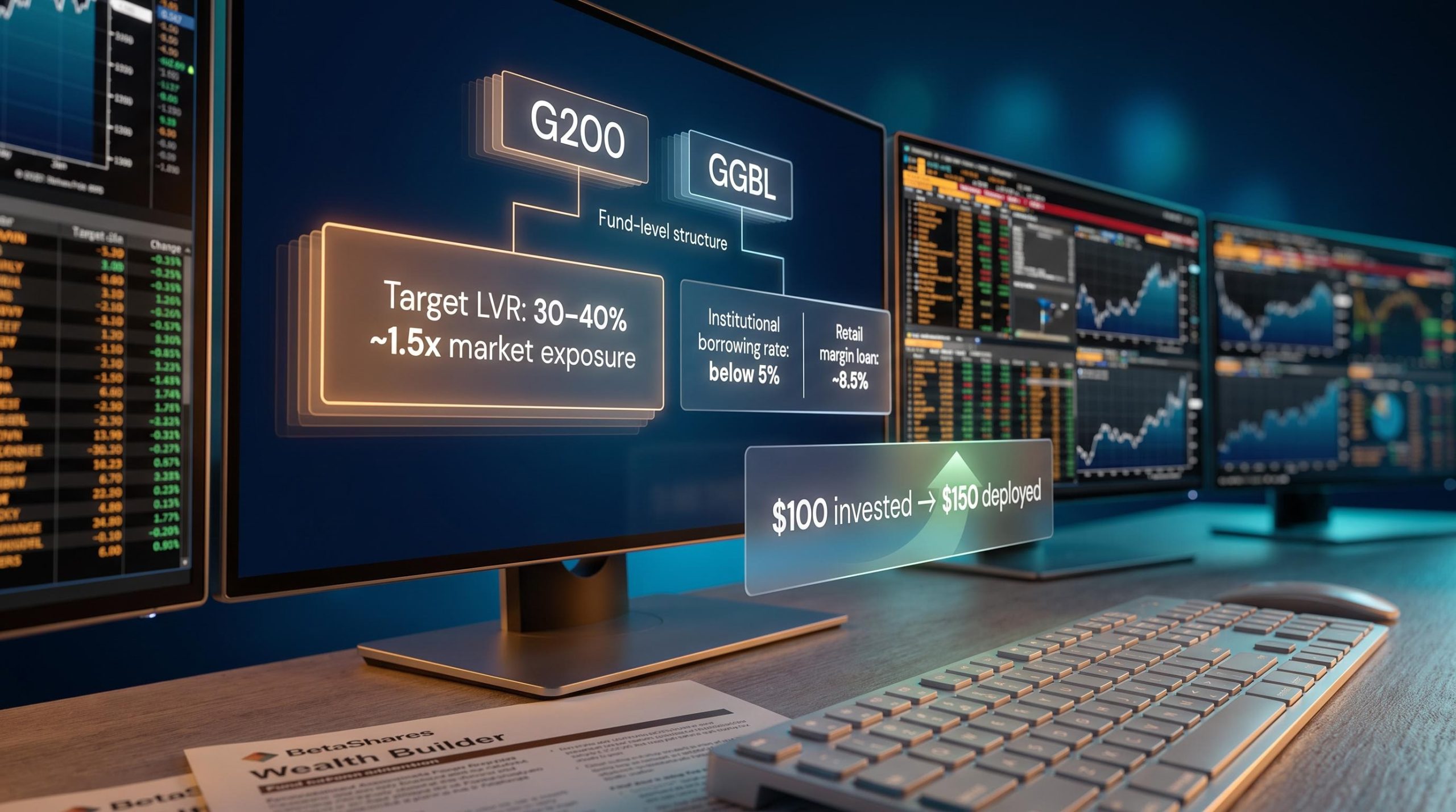 G200 GGBL geared ETF screens showing 1.5x exposure, sub-5% borrowing rate vs 8.5% retail margin loan