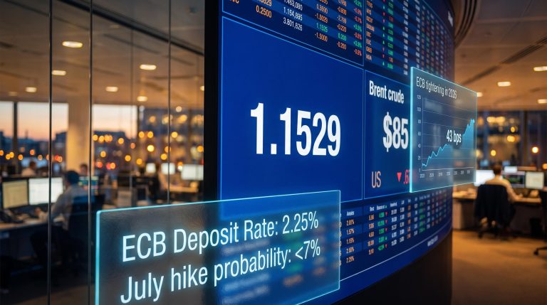 ECB rate decision analysis with EUR/USD 1.1529, Brent $85 and 43 bps tightening on trading screens