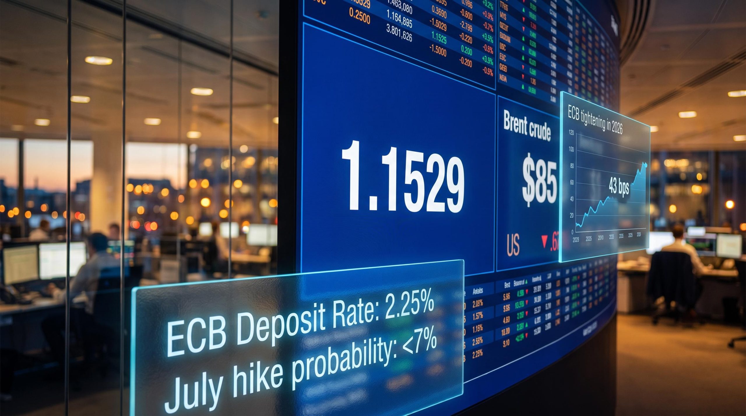 ECB rate decision analysis with EUR/USD 1.1529, Brent $85 and 43 bps tightening on trading screens