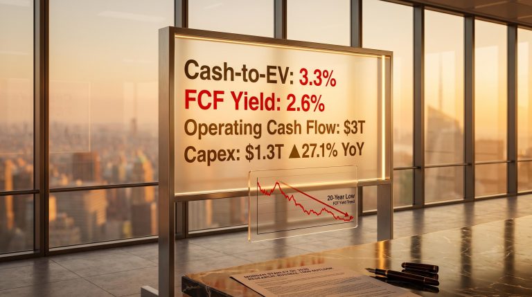 Russell 1000 cash-to-EV at 3.3% and FCF yield at 2.6% — both 20-year lows per Morgan Stanley Q1 2026