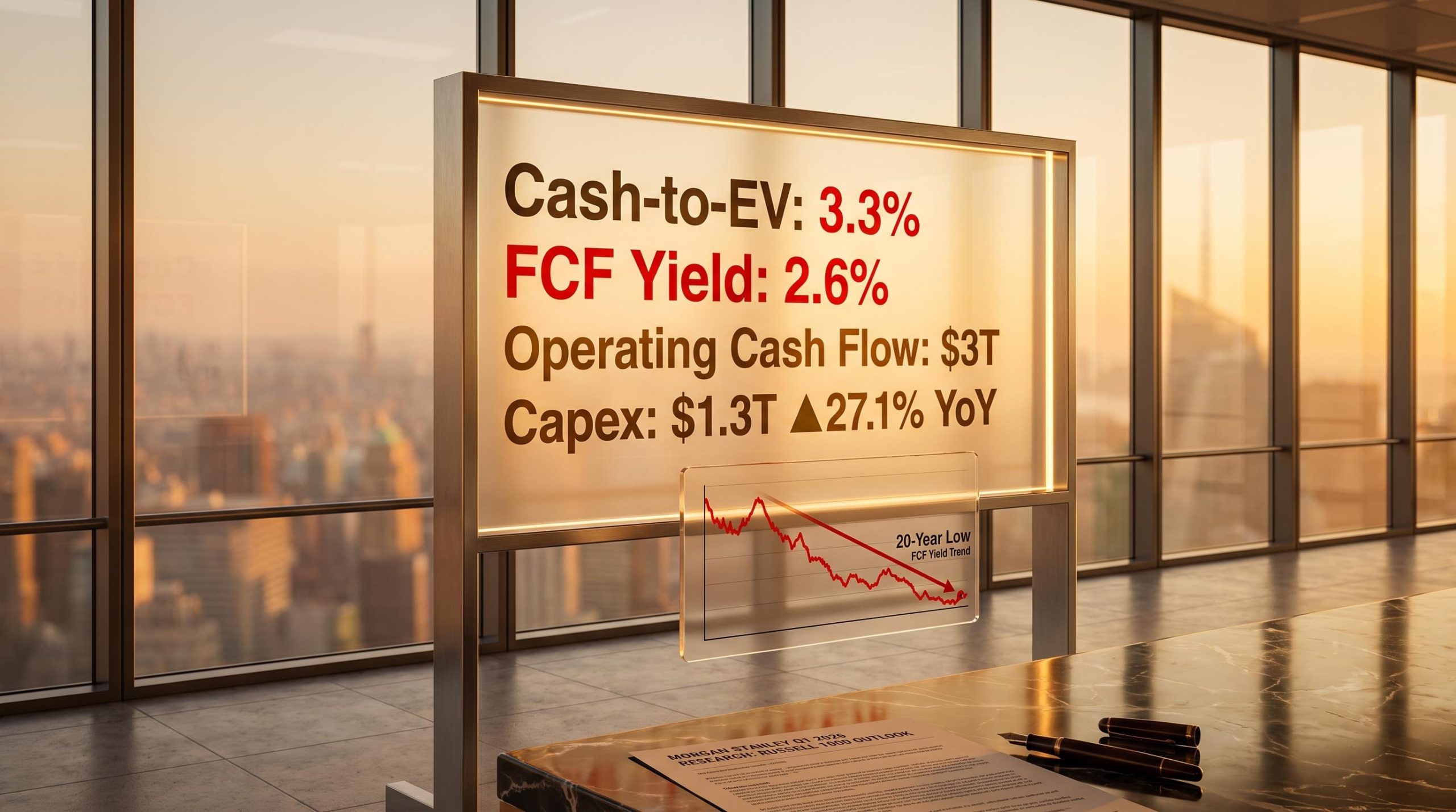 Russell 1000 cash-to-EV at 3.3% and FCF yield at 2.6% — both 20-year lows per Morgan Stanley Q1 2026