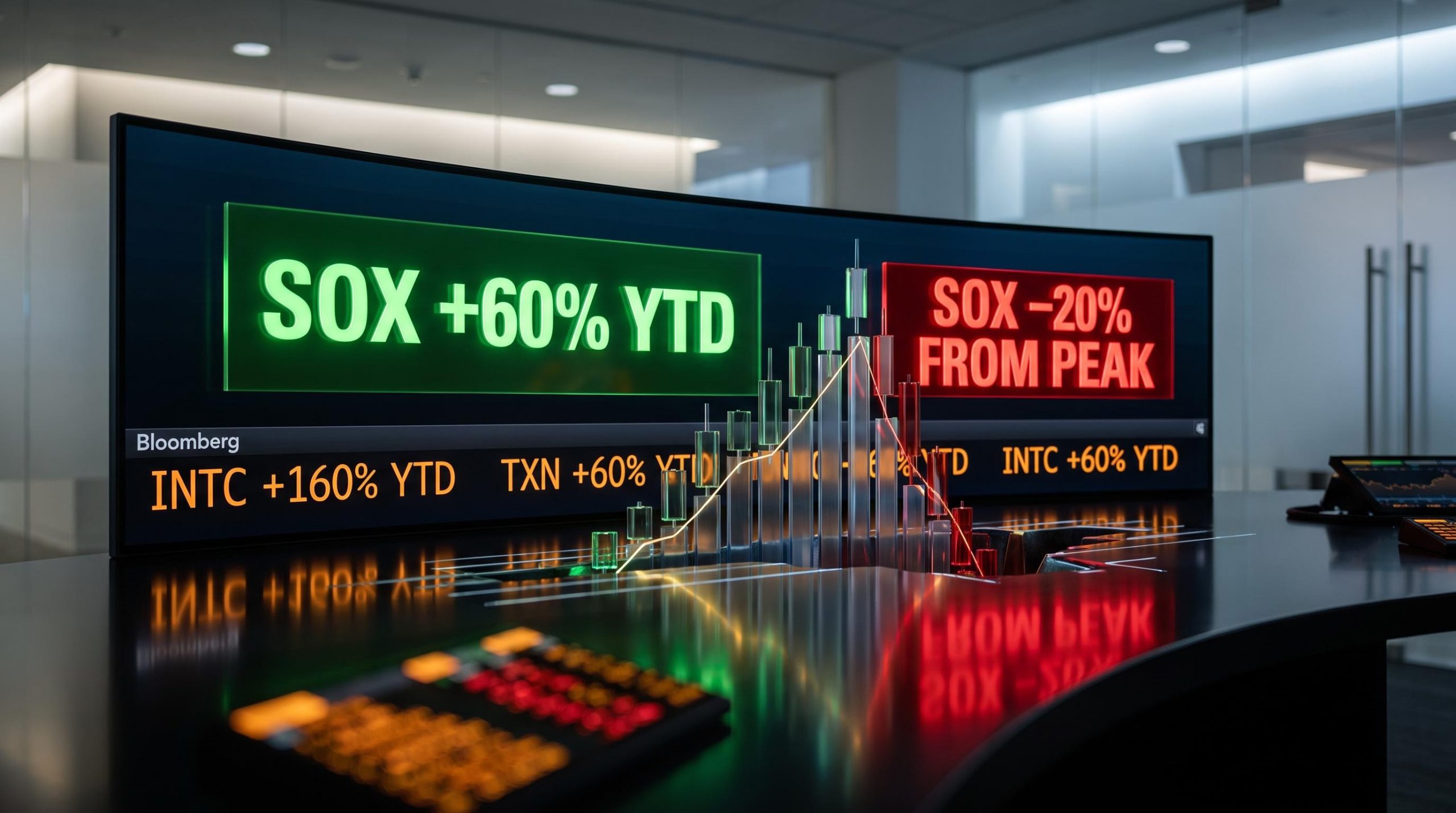 SOX index showing 60% YTD and −20% peak drawdown on trading terminal as Intel and TXN earnings loom
