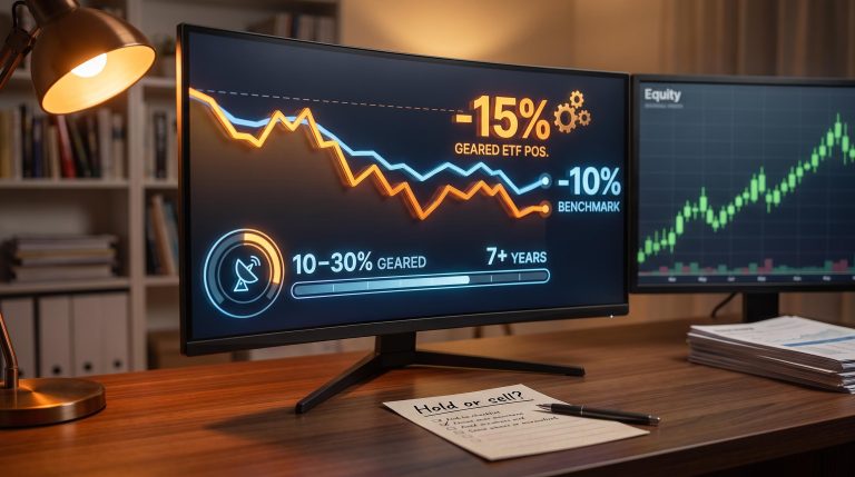 Geared investing portfolio screen showing -15% drawdown vs -10% market benchmark with satellite allocation data
