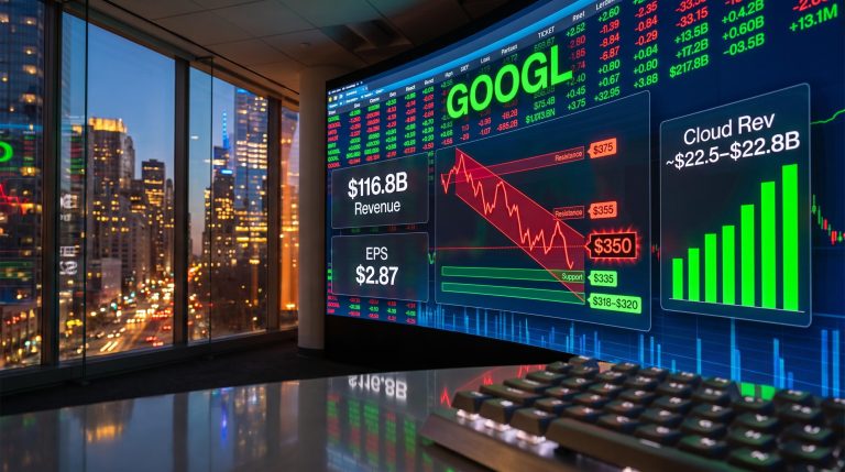 Alphabet Q2 2026 earnings data on trading screen showing $116.8B revenue forecast and descending GOOGL price channel