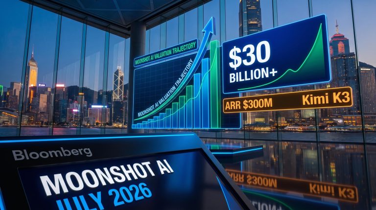 Hong Kong trading floor display board shows Moonshot AI $30 billion valuation and $300M ARR as IPO listing approaches
