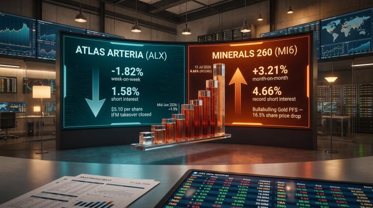 ASX dual data panels showing ALX short interest fall and MI6 record 4.66% rise — interpreting short interest data