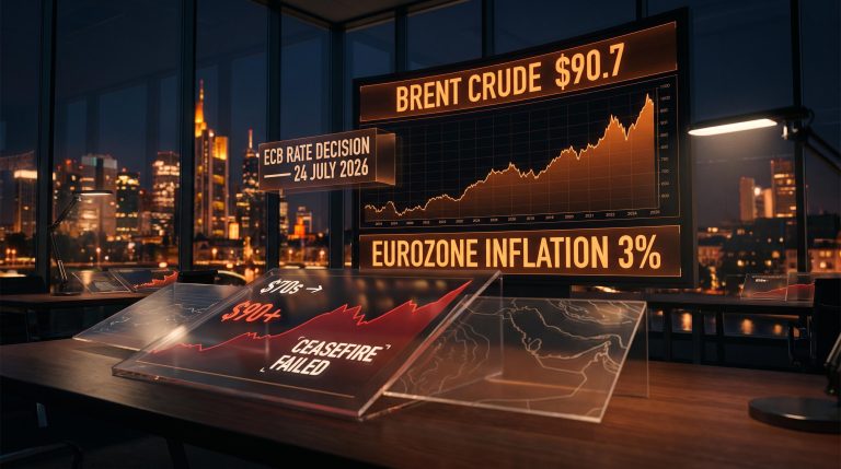 Brent crude above $90 on trading screen with ECB 24 July rate decision panel — US-Iran conflict oil market risk