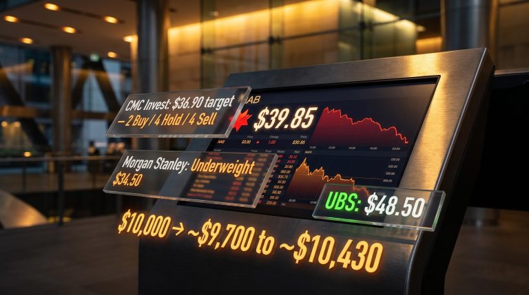 NAB share price screen at $39.85 with broker targets from $34.50 to $48.50 overlaid as data panels
