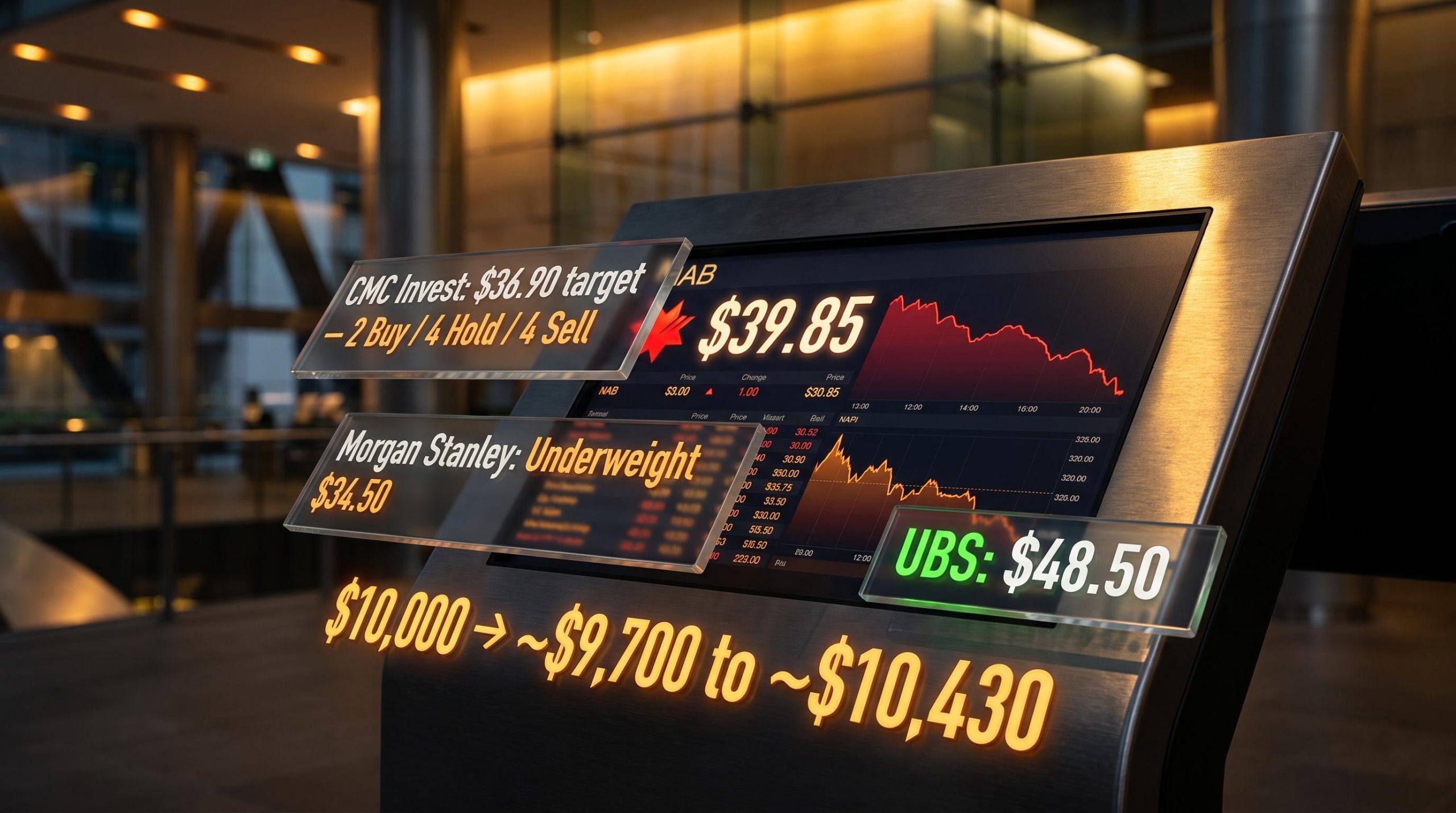 NAB share price screen at $39.85 with broker targets from $34.50 to $48.50 overlaid as data panels
